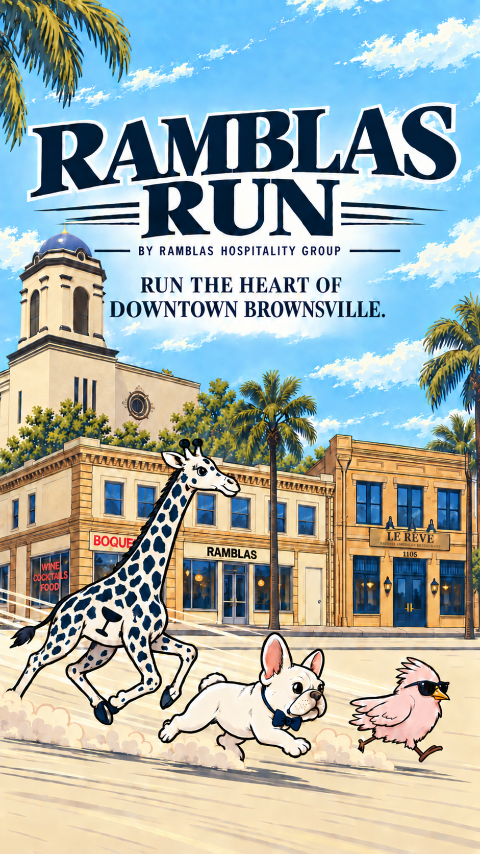 Ramblas Run by Ramblas Hospitality Group. Frenchie, giraffe and bird racing past Market Square and our downtown venues.